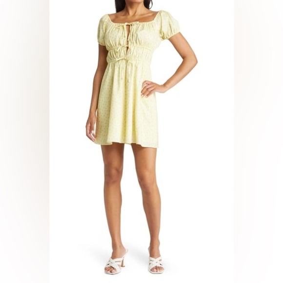 WAYF Sinclair Ditsy Floral Yellow Off The Shoulder Linen Mini Dress Tie Front - Picture 16 of 16